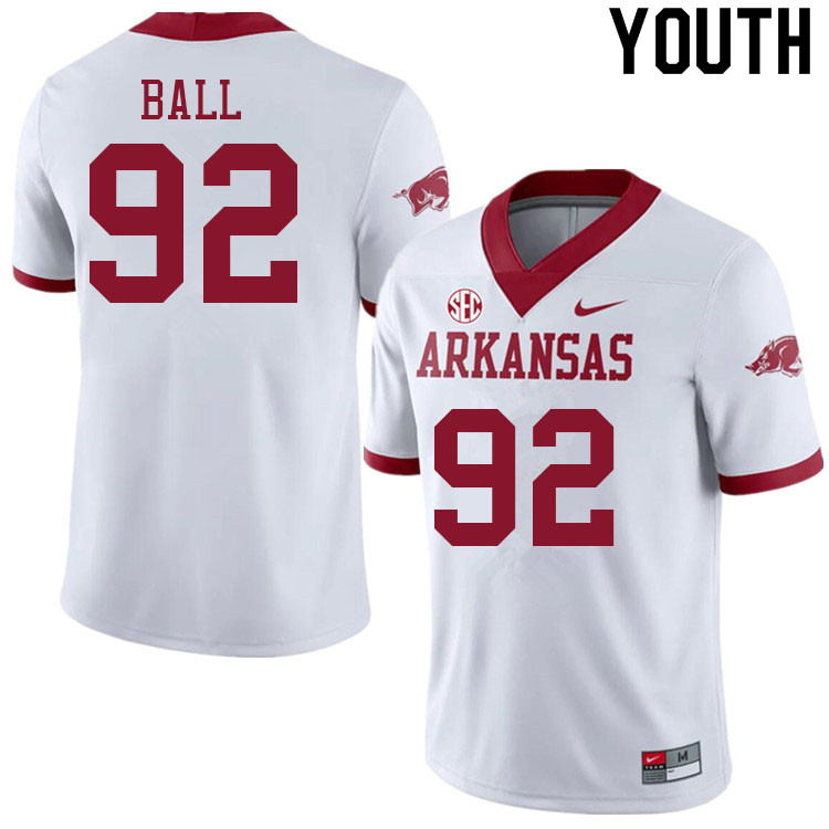 Youth #92 Cameron Ball Arkansas Razorbacks College Football Jerseys Sale-Alternate White - Click Image to Close